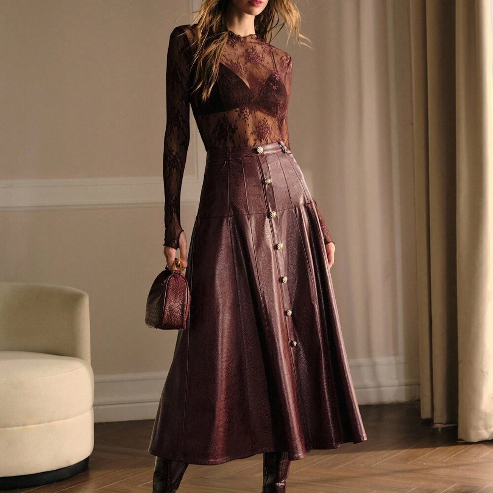 brown Elegant Women's Faux Leather Buckle Detail Skirt